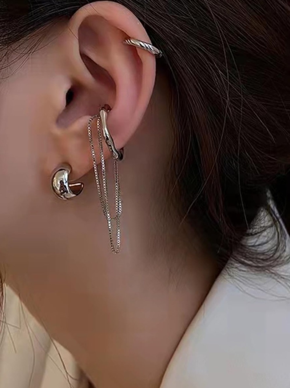 Silver Multi-Hoop & Chain Ear Set